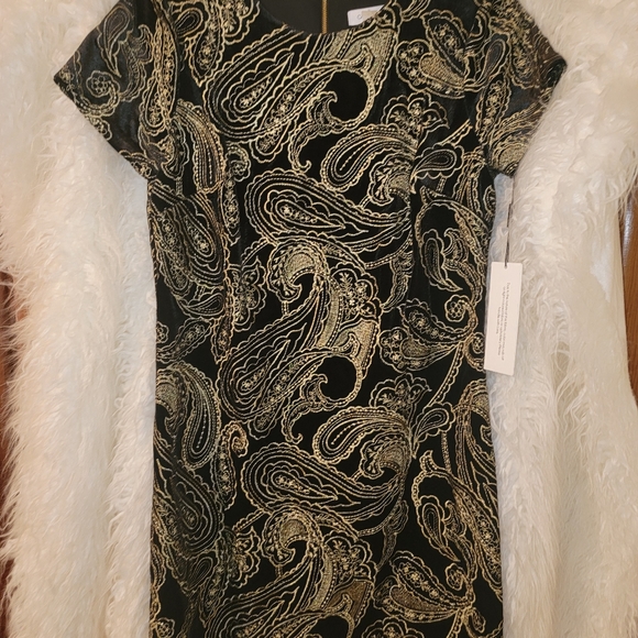 NWT Calvin Klein Short Sleeve Black/ Gold Velvet Embroidered Shift Dress Size 6 - Picture 3 of 5